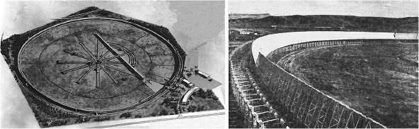 Рис. 1.7.2. Радиотелескоп РАТАН-600. Слева — общий вид радиотелескопа (макет), справа — часть кругового отражателя